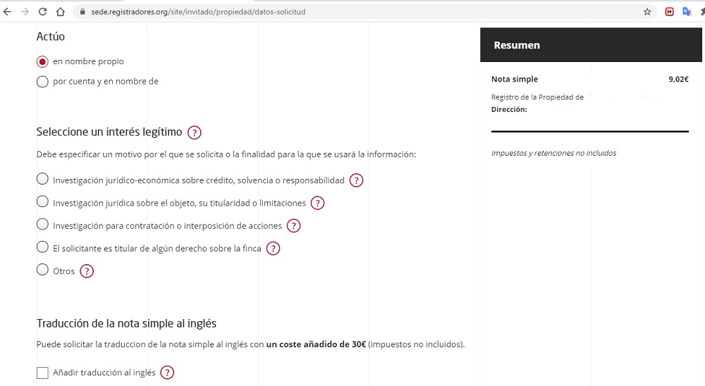 La nota simple tiene un precio de 9,02 euros